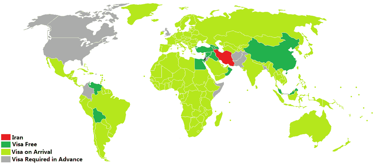 Map of countries eligible for Iran visa